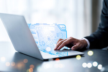 Digital marketing online internet, Businessman using computer notebook connection social networking and customer data analytics