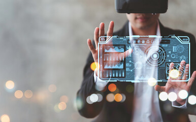Businessman wearing VR glasses Deep Machine learning Artificial intelligence AI technology concept on virtual screen, industrial technology.