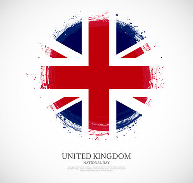 Creative circular grungy shape brush stroke flag of United Kingdom on a solid background