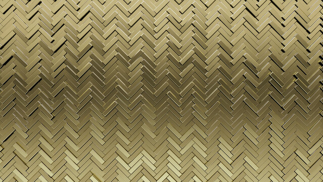 Luxurious Tiles arranged to create a Glossy wall. Herringbone, Gold Background formed from 3D blocks. 3D Render