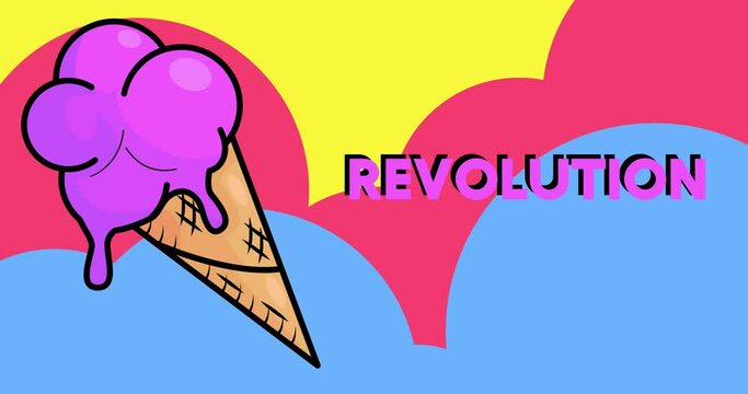 Ice Cream with Revolution text. Colorful animated dancing summer sweet food cartoon. 4k resolution animation, moving image.