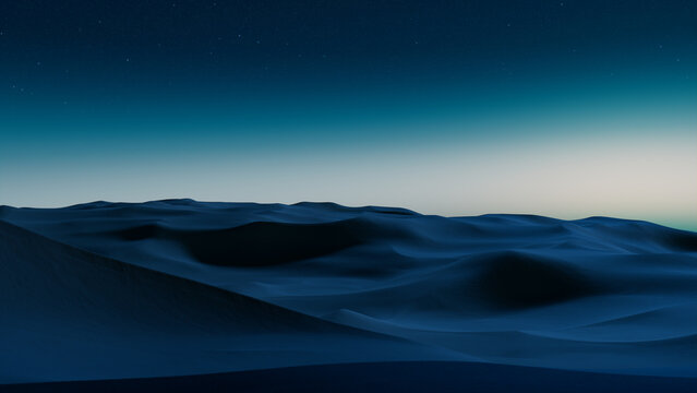 Dawn Landscape, with Desert Sand Dunes. Peaceful Modern Wallpaper with Cool Gradient Starry Sky