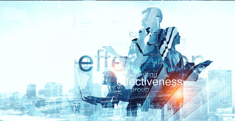 Group of business people outlines with lit background