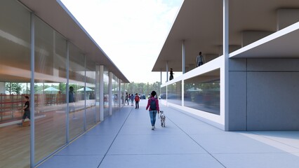 Shopping center, minimalist with large windows