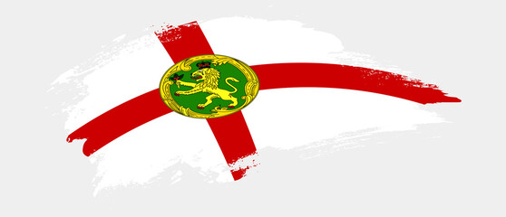National flag of Alderney with curve stain brush stroke effect on white background