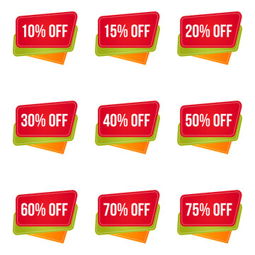 sale tag badge with different discount set. up to 10,15,20,25,30,40,50,60,70,75 percent off