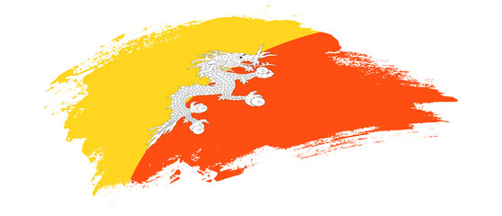 National flag of Bhutan with curve stain brush stroke effect on white background