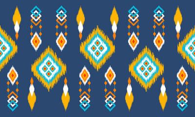 Ikat ethnic background vector. Seamless pattern in white, orange, blue square shapes decorated with colorful tassels on dark blue background.