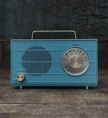 vintage 60's blue transistor radio on wooden table