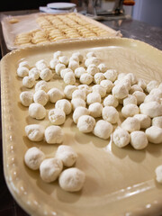 Fototapeta na wymiar dumplings or ravioli with cottage cheese on a tray, homemade food