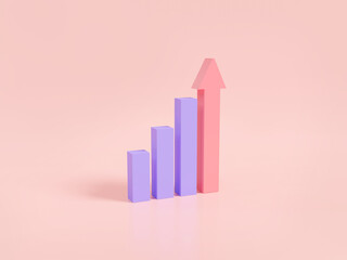 Growing bars with Red Arrow chart graph diagram. growth business success, making goals and goal achievement, Successful development, 3d icon render illustration, cartoon minimal style