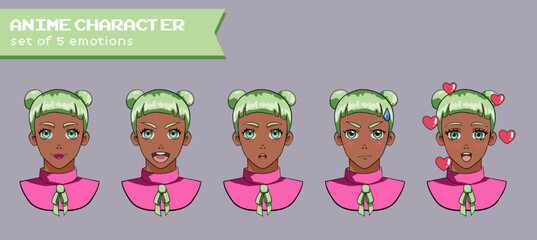 Design of a female anime character showing different expressions and emotions. Big collection of cartoon sprites.