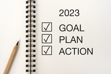 Note Pad with text 2023 Goal, Plan and Action