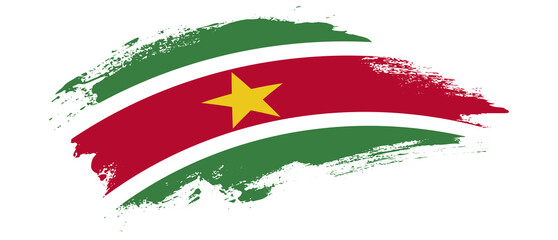 National flag of Suriname with curve stain brush stroke effect on white background