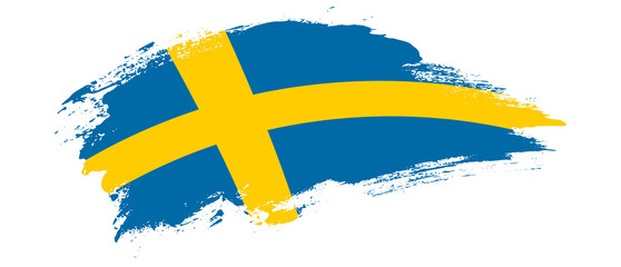 National flag of Sweden with curve stain brush stroke effect on white background