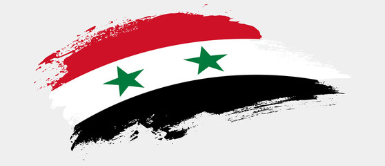 National flag of Syria with curve stain brush stroke effect on white background - obrazy, fototapety, plakaty