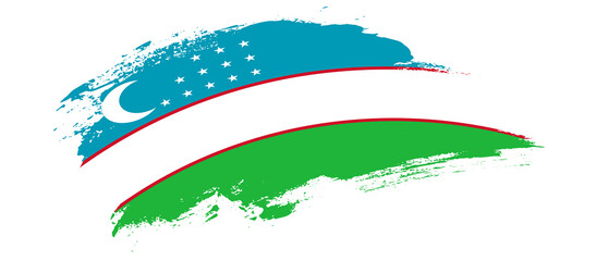 National flag of Uzbekistan with curve stain brush stroke effect on white background