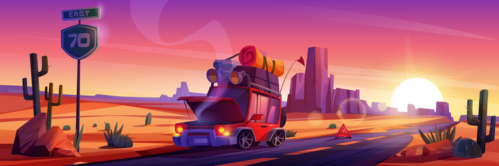 Broken car on road in desert at sunset. Vector cartoon illustration of accident, breakdown in trip. Desert landscape with highway and auto with luggage on roof and smoke from open hood - obrazy, fototapety, plakaty