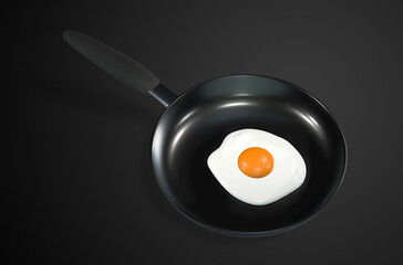 Black kitchen pan with frying egg, 3D rendering Image.