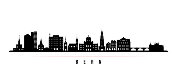Naklejka premium Bern skyline horizontal banner. Black and white silhouette of Bern, Switzerland. Vector template for your design.