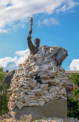 monument to Hetman Petro Sahaydachny furnished with sandbags during martial law in Ukraine. War in...