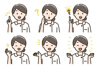 看護師の女性の表情バリエーションのイラストセット（肌色ありバージョン）