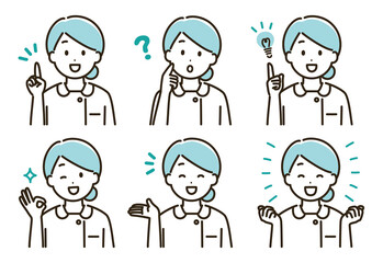 看護師の女性の表情バリエーションのイラストセット（水色バージョン）