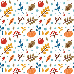Autumn seamless pattern, fabric, textile, texture. Vector floral illustration. Fall pattern. Autumn elements - pumkin, apple, leaves, berries.