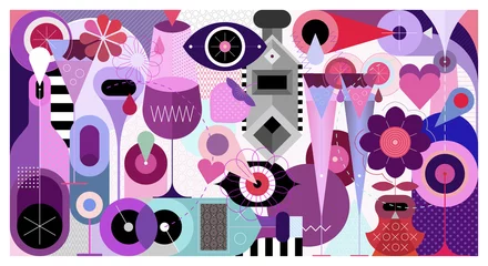Foto op Plexiglas Artistiek abstract ontwerp van cocktails, limonades, glazen, flessen, abstracte vormen en patronen. Vectorillustratie, cocktailparty achtergrond. ©  danjazzia