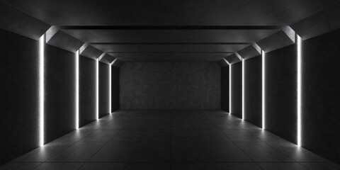 Fototapeta premium Dark Sci-Fi abstract concrete led white light cyber background. the tunnel factory led light interior and empty background. 3d illustration
