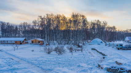 Tourist camp in winter. Wooden houses are standing in the snow. Birch grove on the background of pink-blue sunset sky. Footprints in snowdrifts. Altai