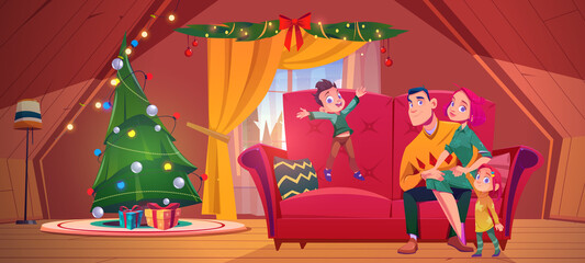 Obraz na płótnie Canvas Happy family celebrate Christmas in chalet house. Vector cartoon illustration of attic interior with Xmas tree, gifts, couple sitting on couch and cute kids