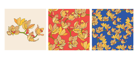 Set of seamless floral pattern with orchids Cymbidium. Hand drawn illustration for fabric, wrapping, prints and other design.