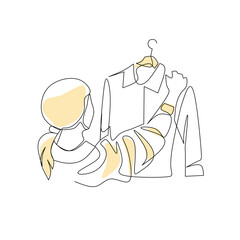 Vector illustration of a woman in a shop choosing a shirt drawn in line-art style