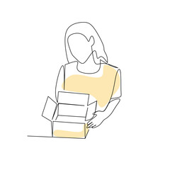 Vector illustration of a woman opening a box drawn in line art style