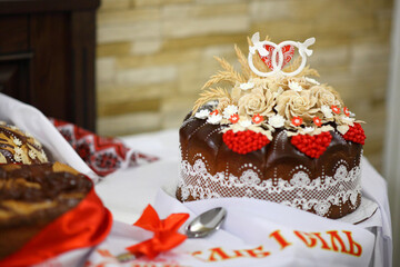 Wedding loaf. Wedding loaf with viburnum berries. Wedding ceremony.