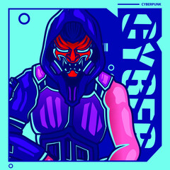 Samurai man wear gun cyberpunk art style. Colorful fiction design with dark background. Abstract vector illustration.