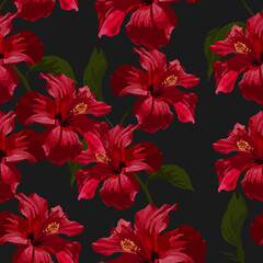 Seamless background with red hibicus flowers illustration.