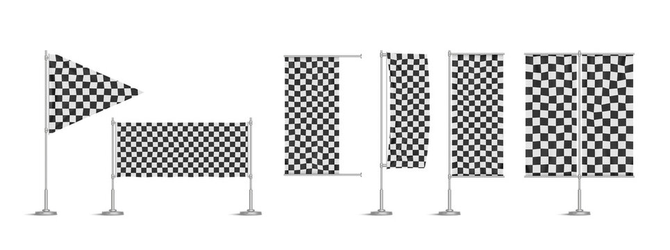 Racing flags, vinyl banners, black and white checkered signboards or billboards on metal poles used in motor sport. Ensigns of rectangular and triangular shapes, Realistic 3d vector illustration, set
