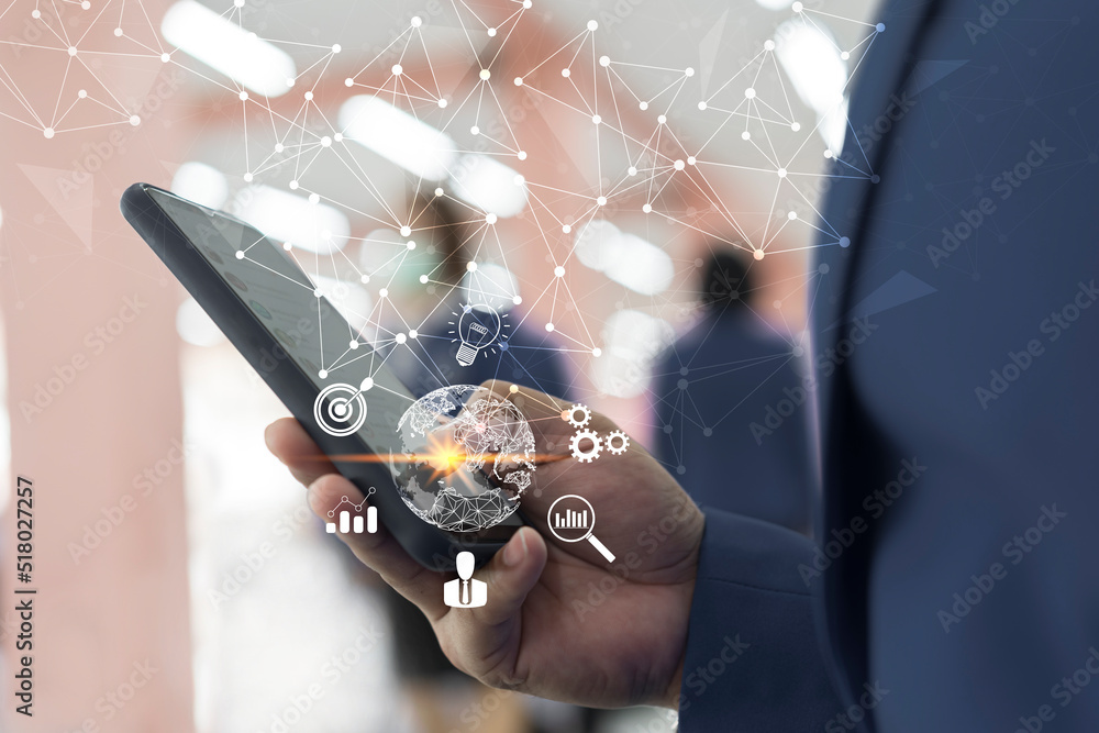 Aufkleber businessman using mobile smart phone. business global internet connection application technology and