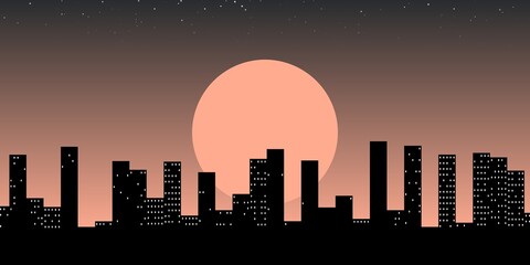 beautiful fantastic city with silhouettes of skyscrapers against the backdrop of a sunset. Buildings silhouette. Urban Landscape. Cityscape background in flat style. Modern city landscape.