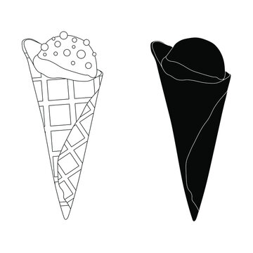 Vector image of a black and white ice cream on a white background. Silhouette and line drawing. Coloring.
