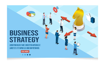 3D isometric Business strategy concept with office workers process a business strategy or financial goal. Vector illustration eps10