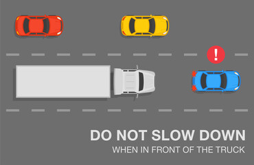 Safe driving tips and traffic regulation rules. Don't slow down when driving in front of the truck. Blue sedan car slows down in front of a truck on highway. Top view. Flat vector illustration templat - obrazy, fototapety, plakaty