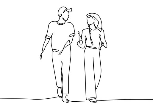 recommend clip art: Women and Men Talking Trendy Line Art Drawing. Couple Walking Minimalist Black Lines Drawing on White Background. Continuous One Line Abstract Drawing. People Modern Design. Vector EPS 10	