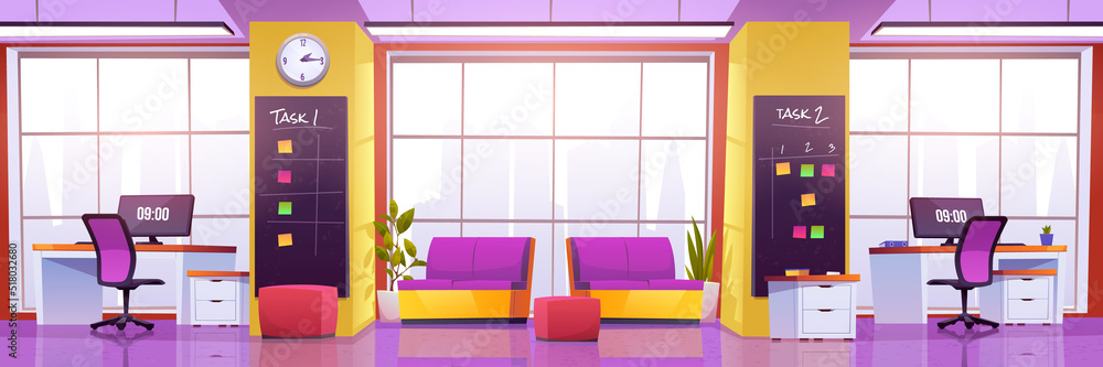 Poster modern coworking office interior with tables with desktop computers, chairs and lounge area with com