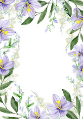 Fototapeta na wymiar Violet wildflower border watercolor illustration. Hand drawn floral frame. Elegant border in color trendyi for invitation card