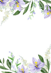 Violet wildflower border watercolor illustration. Hand drawn floral frame. Elegant botanical design for bridal shower, baby shower, wedding invitation