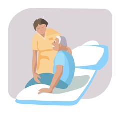 The patient tries to get out of bed with the help of a nurse, vector illustration