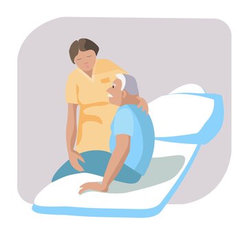 The Patient Tries To Get Out Of Bed With The Help Of A Nurse, Vector Illustration